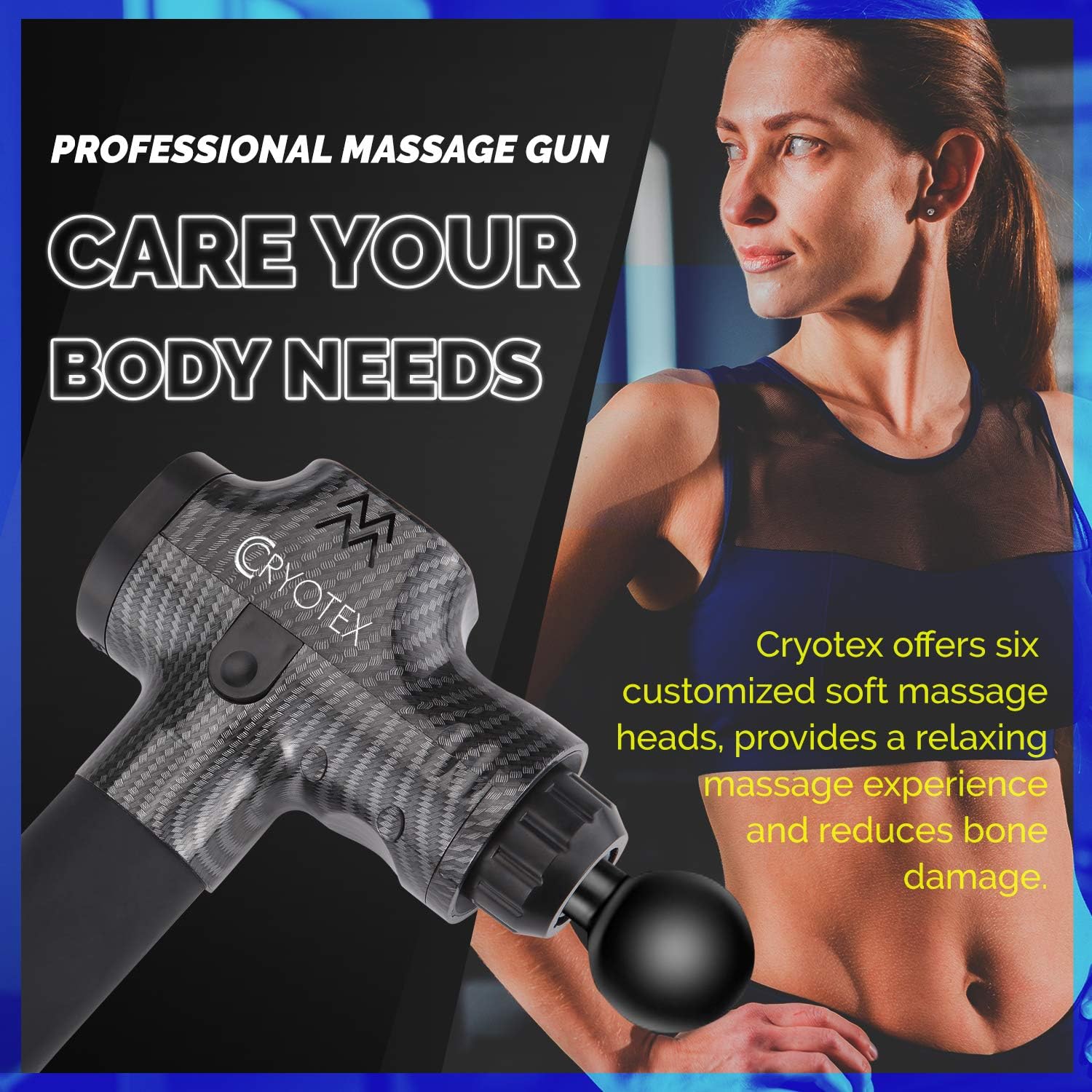 Cryotex Massage Gun – Deep Tissue Handheld Percussion Massager – Six Different Heads for Different Muscle Groups - 20 Speed Options: Health & Personal Care