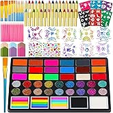 41 Color Face Painting Kit for Beginners & Adults, Non-Toxic Water Activated Face Paint Palette with 28 Crayons, Reusable Stencils, Brush, Sponge, Gems - for Halloween, Birthday, Costume Makeup