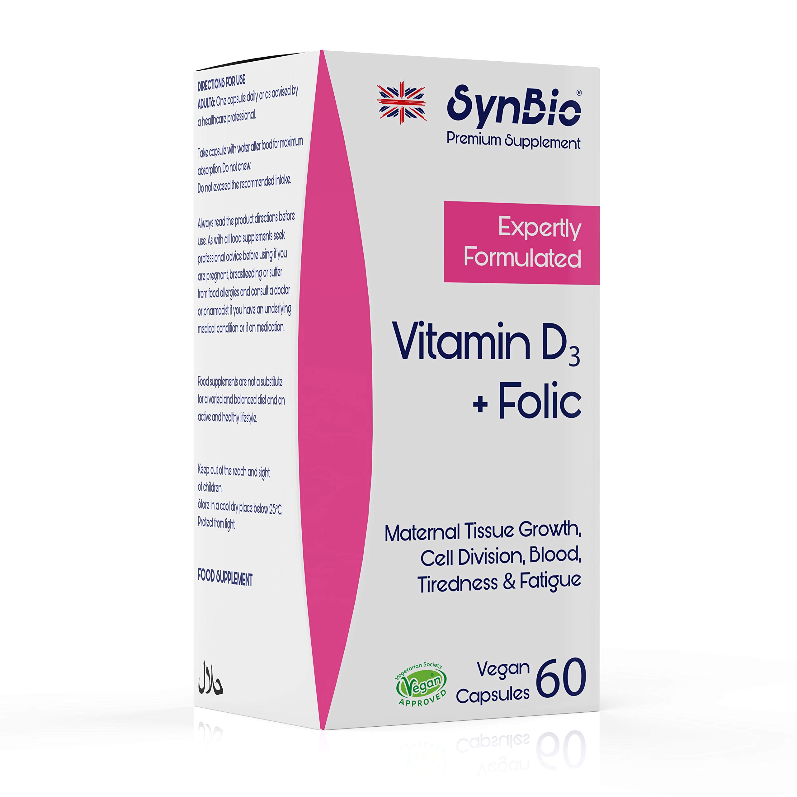 SynBio Premium - Vitamin D3 + Folic Acid | 60 Capsules | Vegan Certified | Nut Free | SOYA Free | Dairy Free | Yeast Free | Made in the UK |