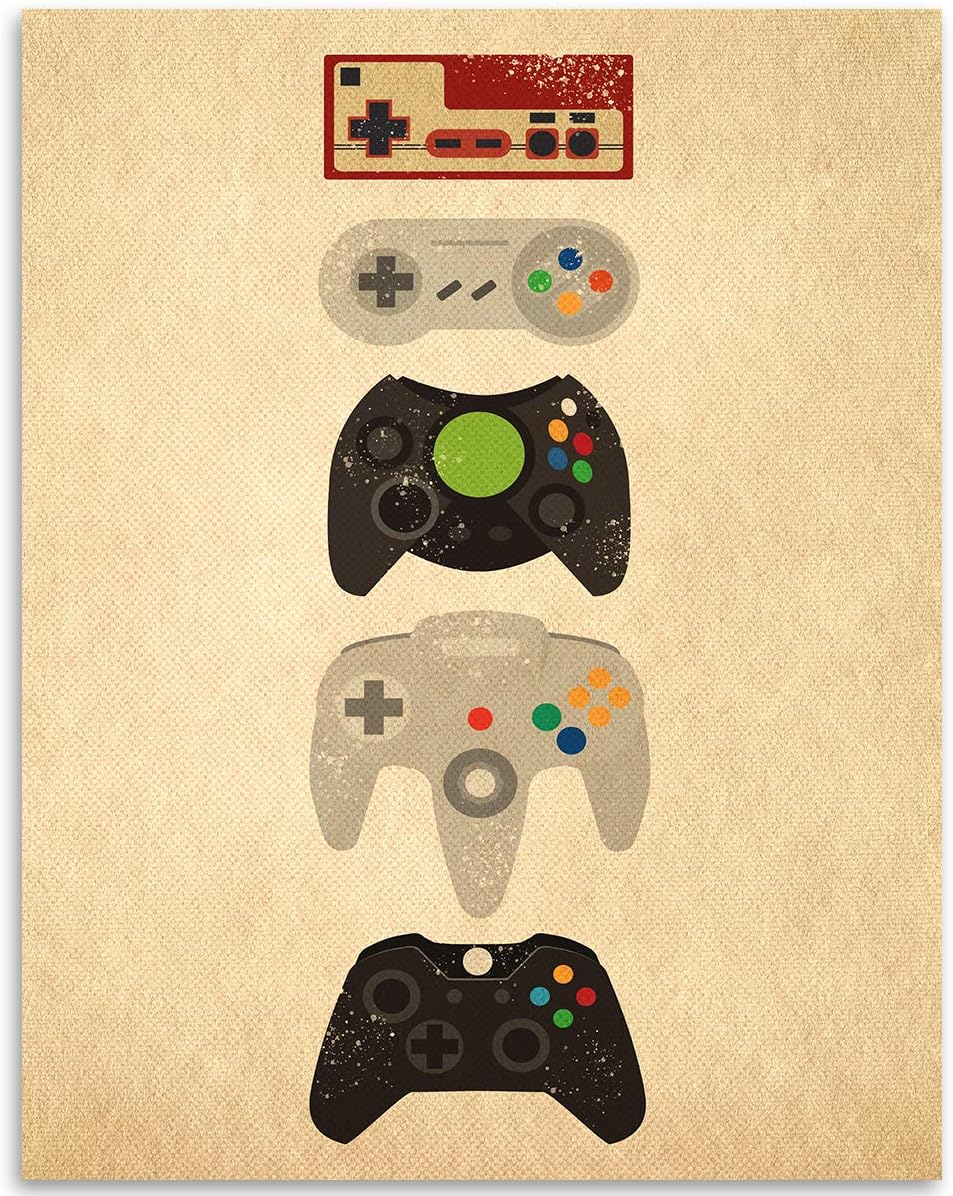 Game Console Controllers Old School to Now - 11x14 Unframed Art Print - Great Man Cave, Retro Gaming Room Decor, Ideal for Gamer