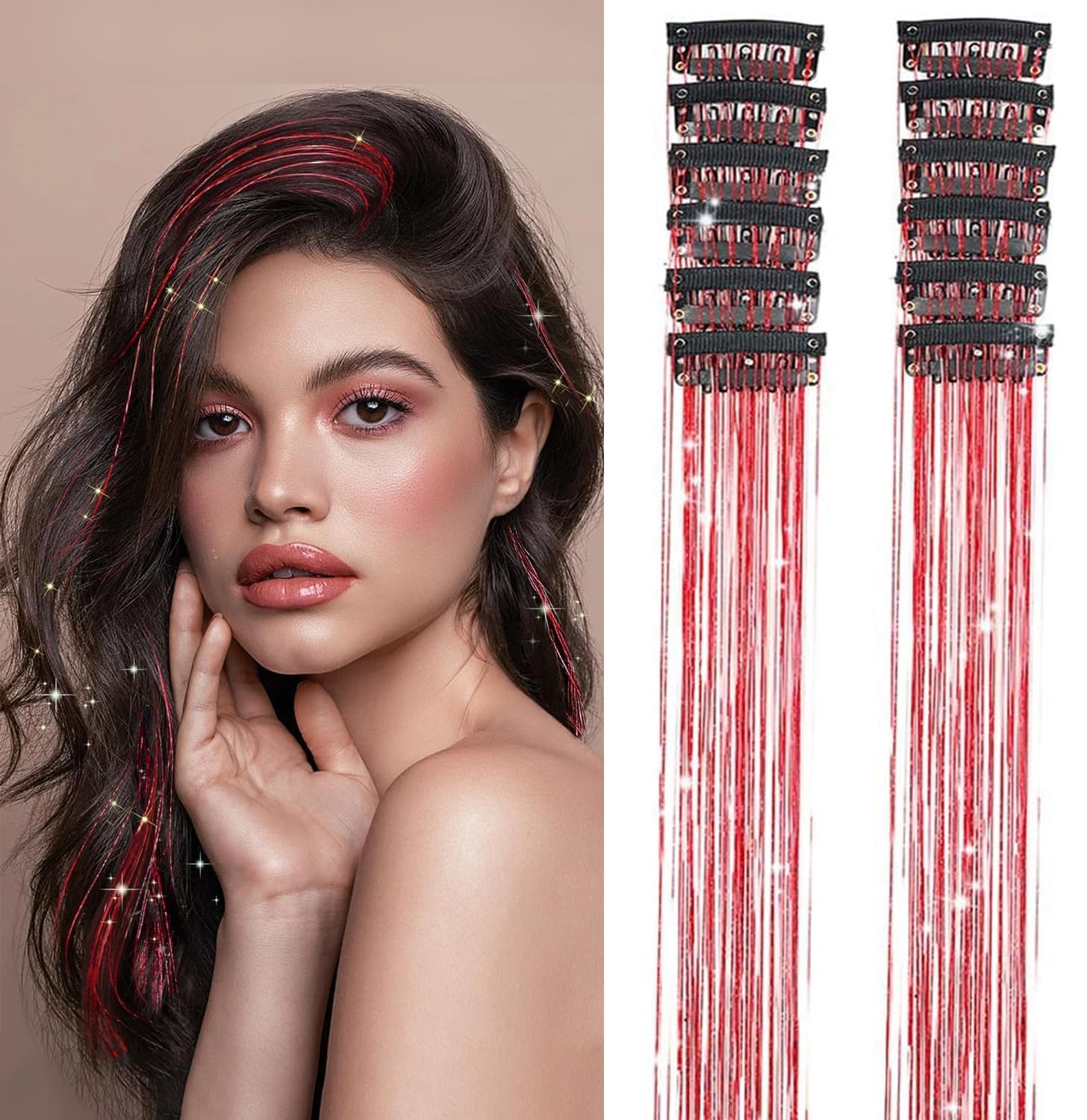 PORSMEER 12Pcs Clip in Hair Tinsel Kit,Colorful Red Glitter Heat Resistant Hair Tinsel Extensions Fairy Hair with Clips, Sparkle Strands Festival Gift Party Dazzle Hair Accessories 20 Inch for Women — image 1