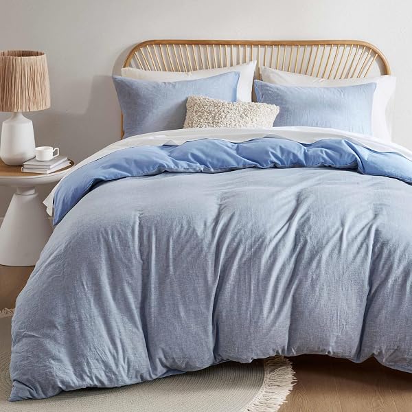 HYDE LANE LINEN DUVET COVER SET QUEEN SIZE, 3PCS TEXTURED FRENCH FLAX LINEN COTTON BLEND BEDDING SET, NATURAL AND ORGANIC, SOFT AND BREATHABLE, WITH 2 PILLOW SHAMS, 90″X90″, BLUE