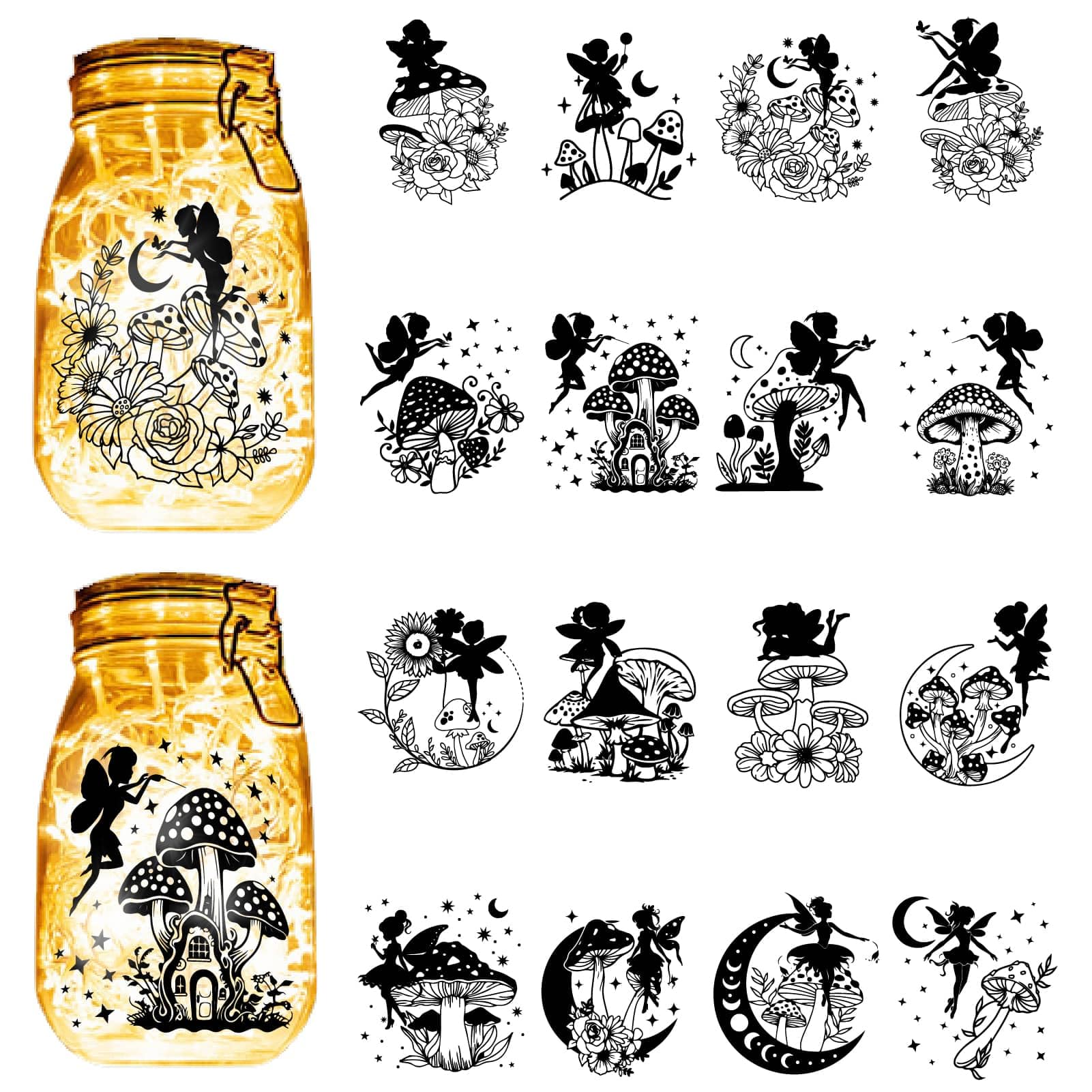 CREATCABIN 16Pcs Fairy Angel Silhouettes Mason Jar Decor Mushroom Laser Cut Cardboard Scrapbook Cutouts Die Cuts PVC for Crafting Lantern Jars Wall Painting Windows Glass Phones 3.9x3.5Inch-No Sticker