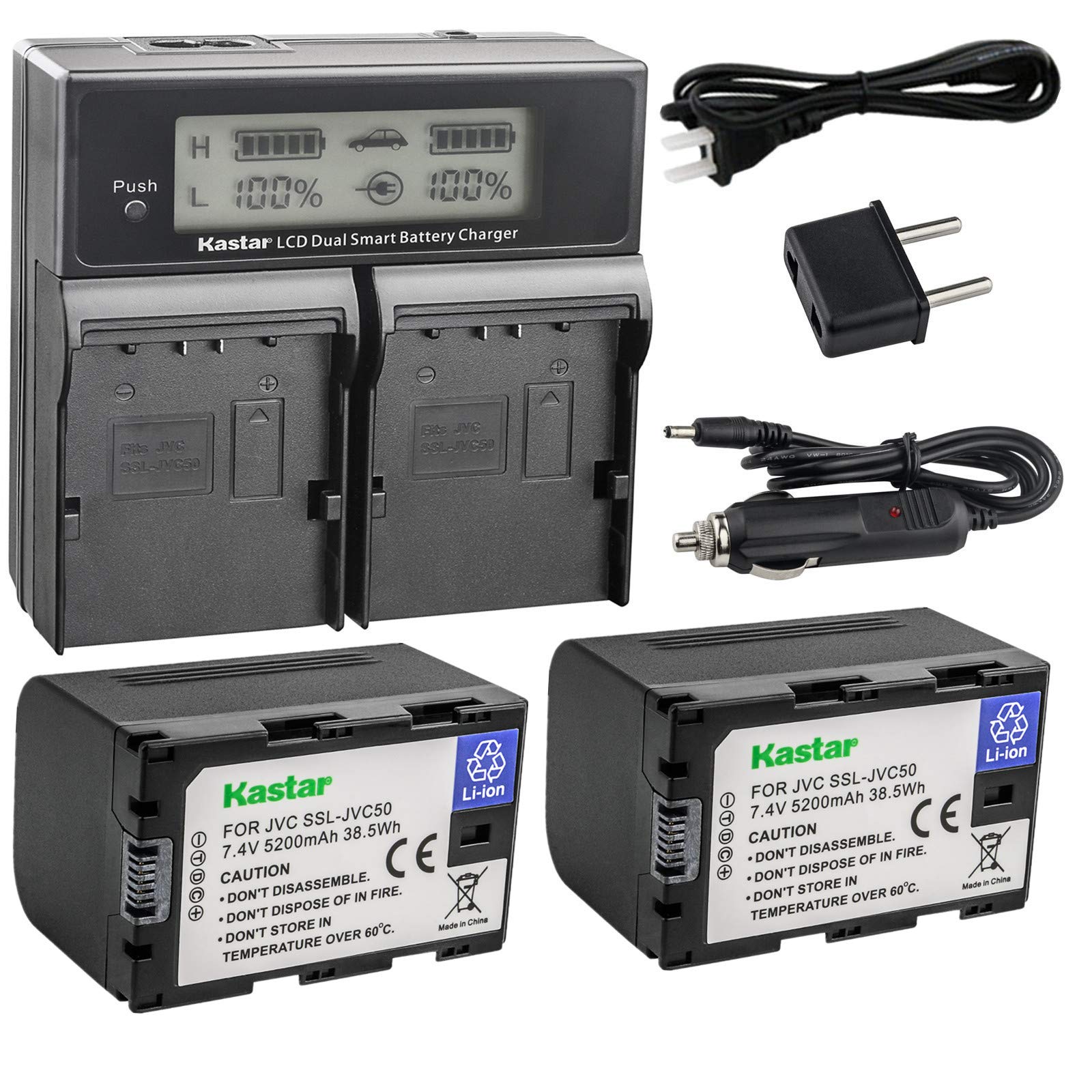 Kastar LCD Dual Smart Fast Charger & Battery (2 Pack) for JVC SSL-JVC50 and JVC GY-HMQ10, GY-LS300, 