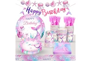 Atonofun Mermaid Birthday Party Decorations, Mermaid Party Supplies Disposable Plates, Napkin, Fork, Cup, Tablecloth, Banner for Mermaid Birthday Party Serves 24