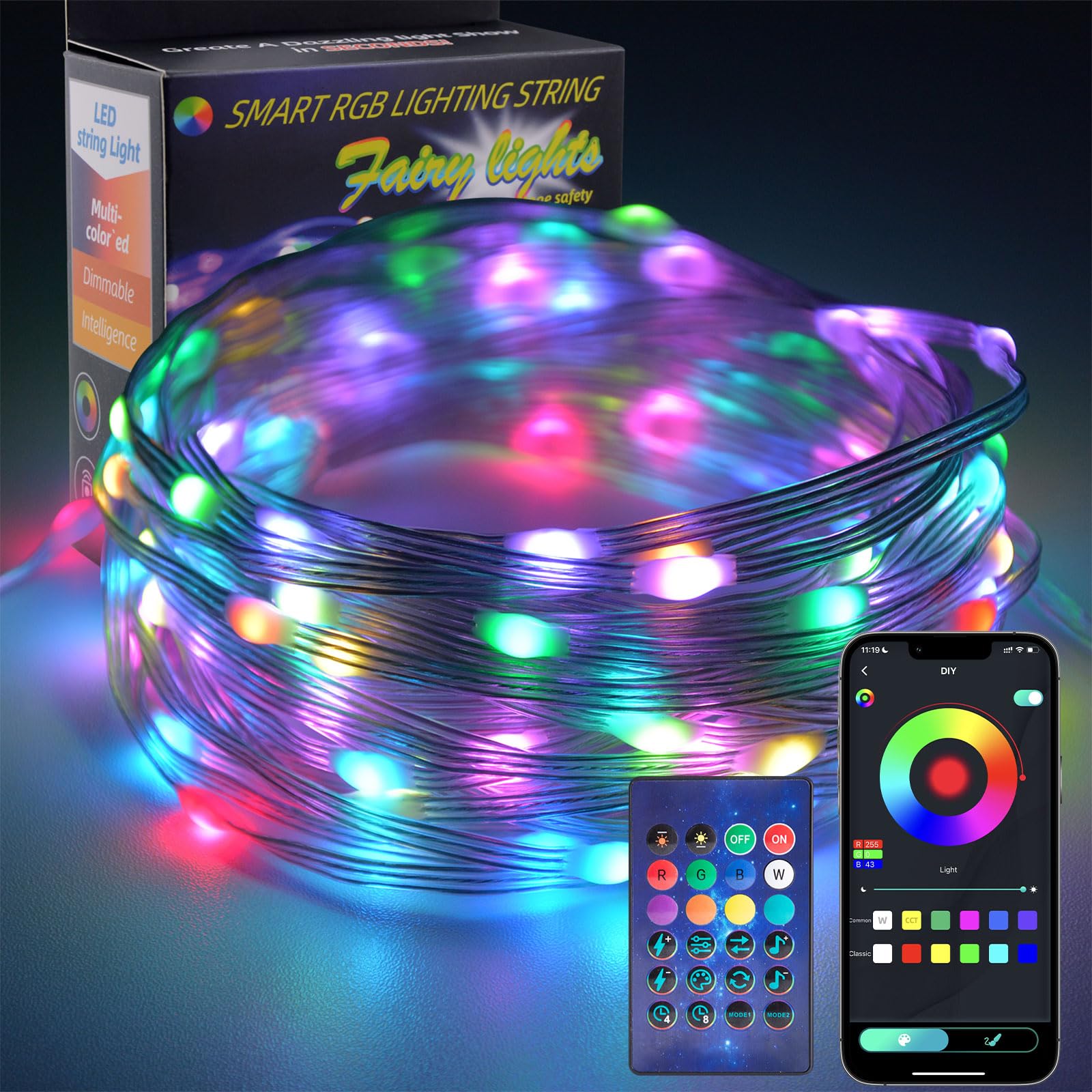 Ecoastal USB Fairy Lights for Christmas Decoration,RGB 10m 100 LED Dynamic Multi-colored Decorative Lighting,Plug in USB Powered Upgraded Three Line Waterproof String Lights for Indoor/Outdoor,Bedroom