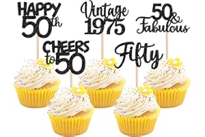 ZHUOWEISM 30PCS Happy 50th Birthday Cupcake Toppers Glitter Fifty Vintage 1975 Cupcake Picks Cheers to 50 Fabulous Cake Decorations for 50th Birthday Wedding Anniversary Party Supplies Black