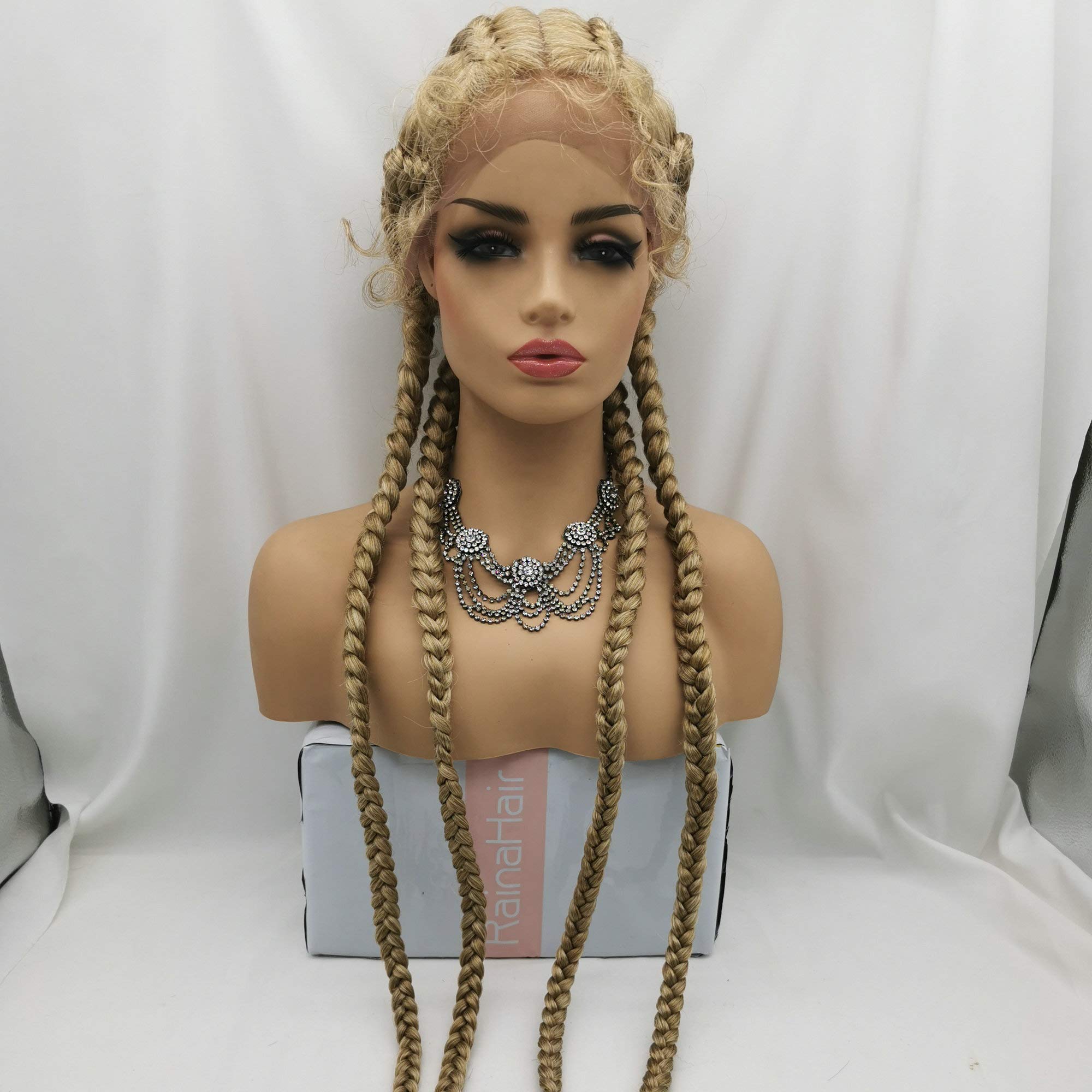 30inch 4X Blonde Lace Braided Wig with Baby Hair Blonde Braid Synthetic Lace Front Wig for Women Hand Twisted Wig Cosplay Wig