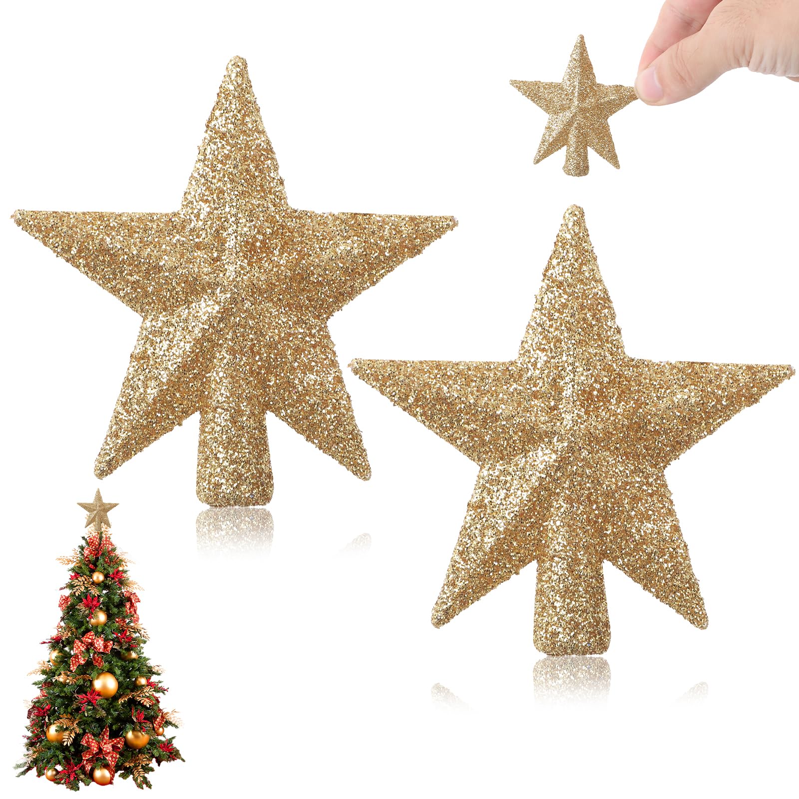 2 Pcs Mini Christmas Tree Topper, Small Tree Topper Glitter Stars Xmas Tree Topper Small Christmas Ornaments Christmas Star Treetop for Xmas Holiday Party Decor ﻿(2.4 Inch)