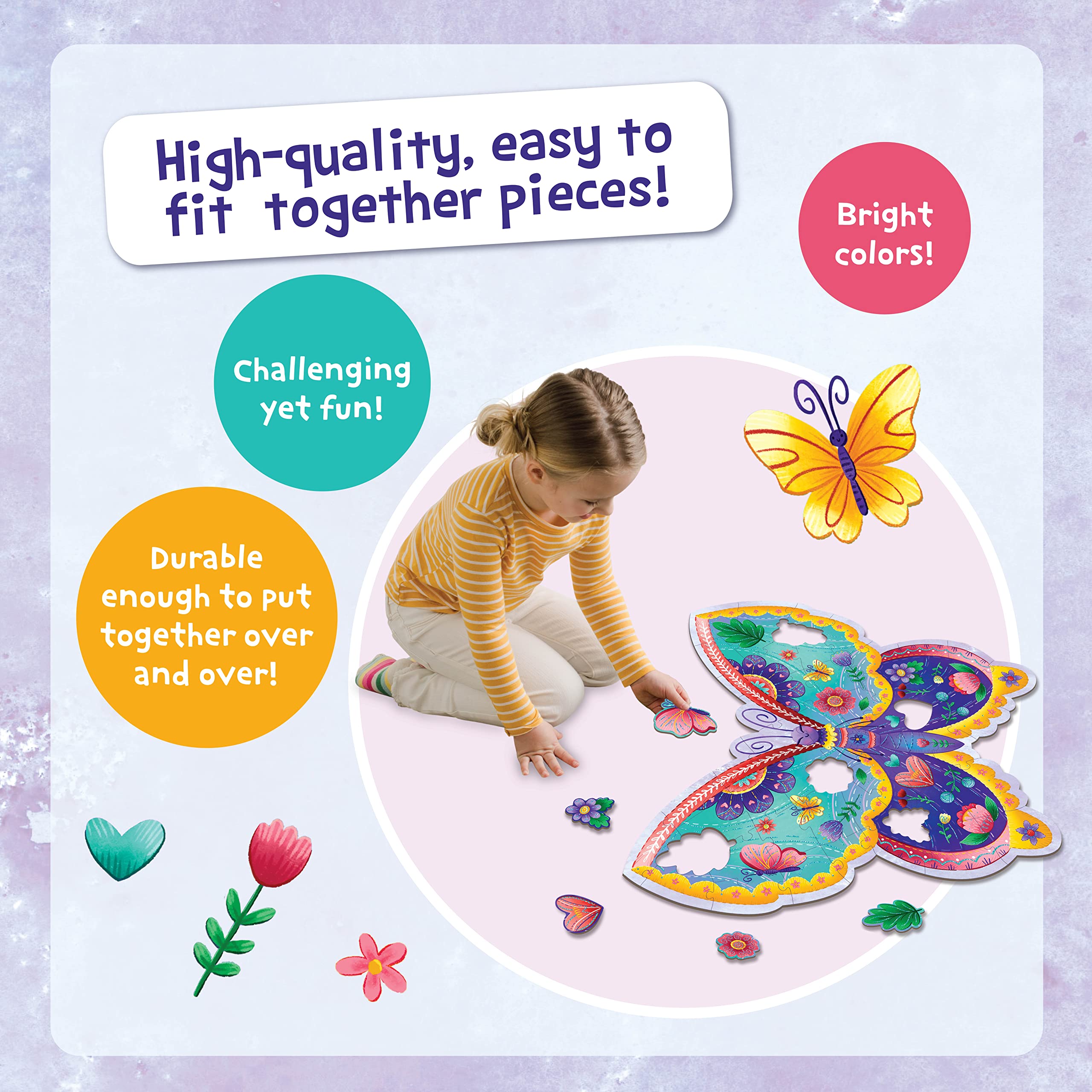Peaceable Kingdom Shimmery Butterfly Floor Puzzle – 53-Piece Giant Floor Puzzle for Kids Ages 5 & up – Fun-Shaped Puzzle Pieces – Great for Classrooms