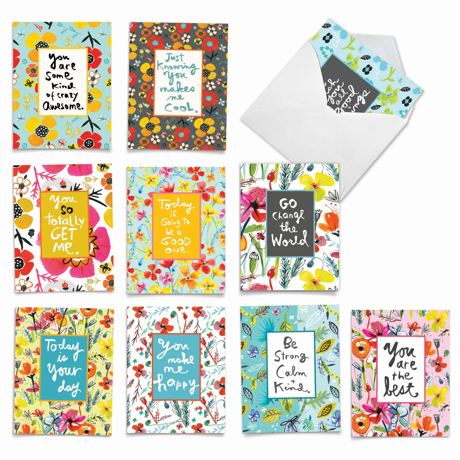 M6482TYG Words For Friends: 10 Assorted Thank You Note Cards Featuring Inspirational Sayings Surrounded by Beautiful Watercolor Flowers, w/White Envelopes.