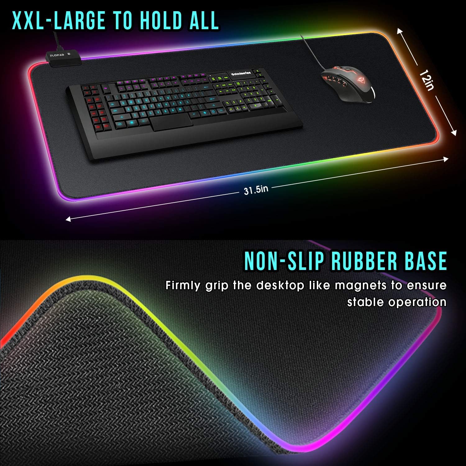 Large RGB Gaming Mouse Pad - 14 Light Modes Extended Computer Keyboard Mat with Durable Stitched Edges and Non-Slip Rubber Base, High-Performance Mouse Pad Optimized for Gamer 31.5X 11.8in : Office Products
