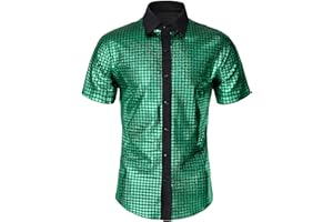 BONGZUO Mens 70s Shirt Short Sleeve Sequin Button Down Top Party Disco Outfit