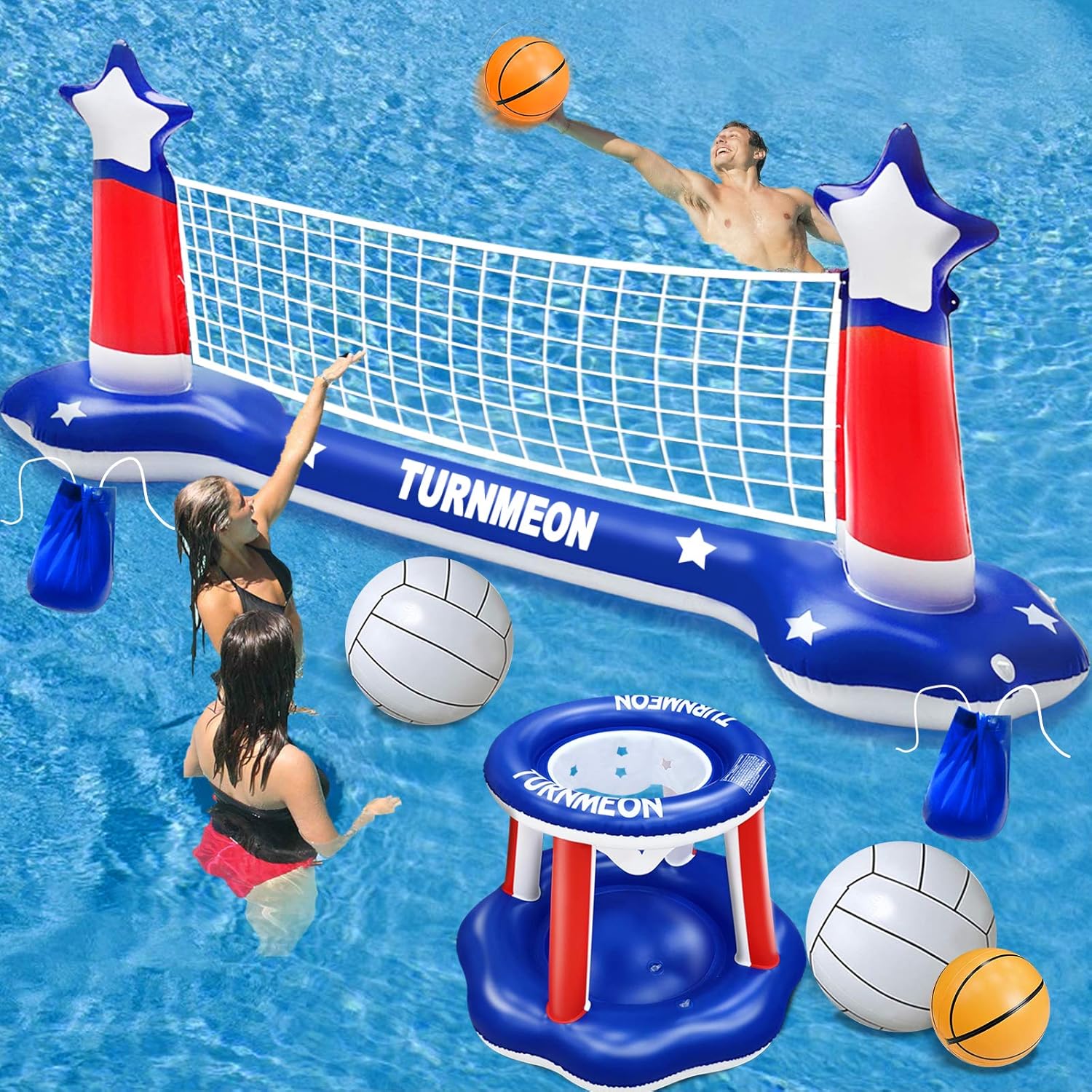 Large Inflatable Pool Games Volleyball Net & Basketball Hoop Set with 2 Balls Swimming Pool Toys for Adults Kids Pool Floating Water Pool Toys Party Volleyball Net (116”x46”x30”) Hoop (31”x31”x24”): Toys & Games
