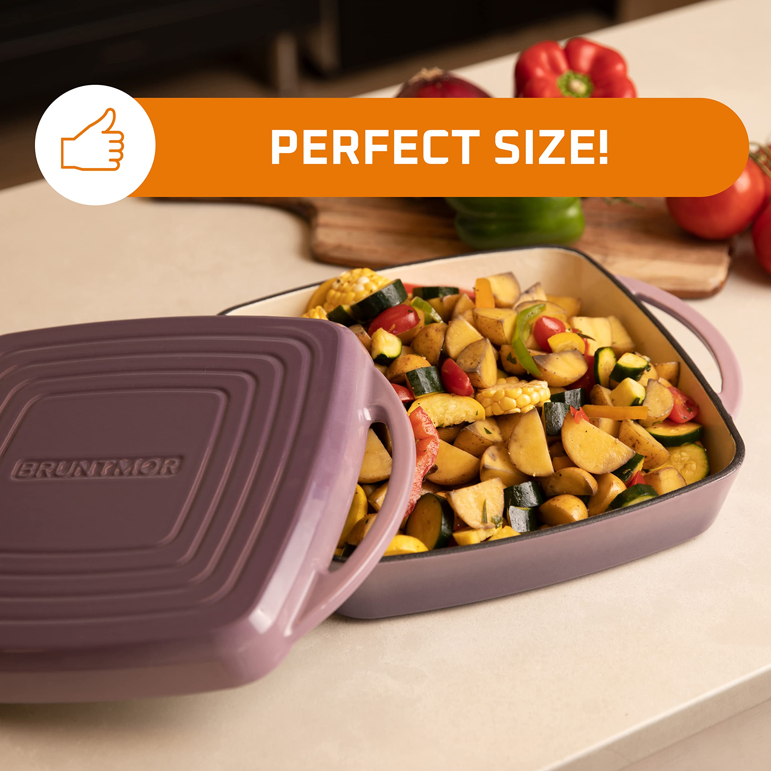 Bruntmor 2-in-1 Square Enamel Cast Iron Dutch Oven Baking Pan with Handles, Purple Baking Pans Set with Cast Iron Skillet, Braising Pan for Casserole Dish with lid, Oven Safe