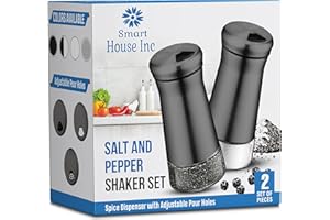 SP HOME GOODS The Original Salt and Pepper Shakers set - Black -Spice Dispenser with Adjustable Pour Holes - Stainless Steel & Glass - Set of 2 Bottles