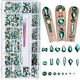 AMLAVIFISH 6080PCS Green Rhinestones for Nails, Rhinestone kit with 20 Shapes, 3D Flatback Crystals Diamonds for Nail Art Design,Mix Sizes Nail Charms and Gems(Tweezers Included)