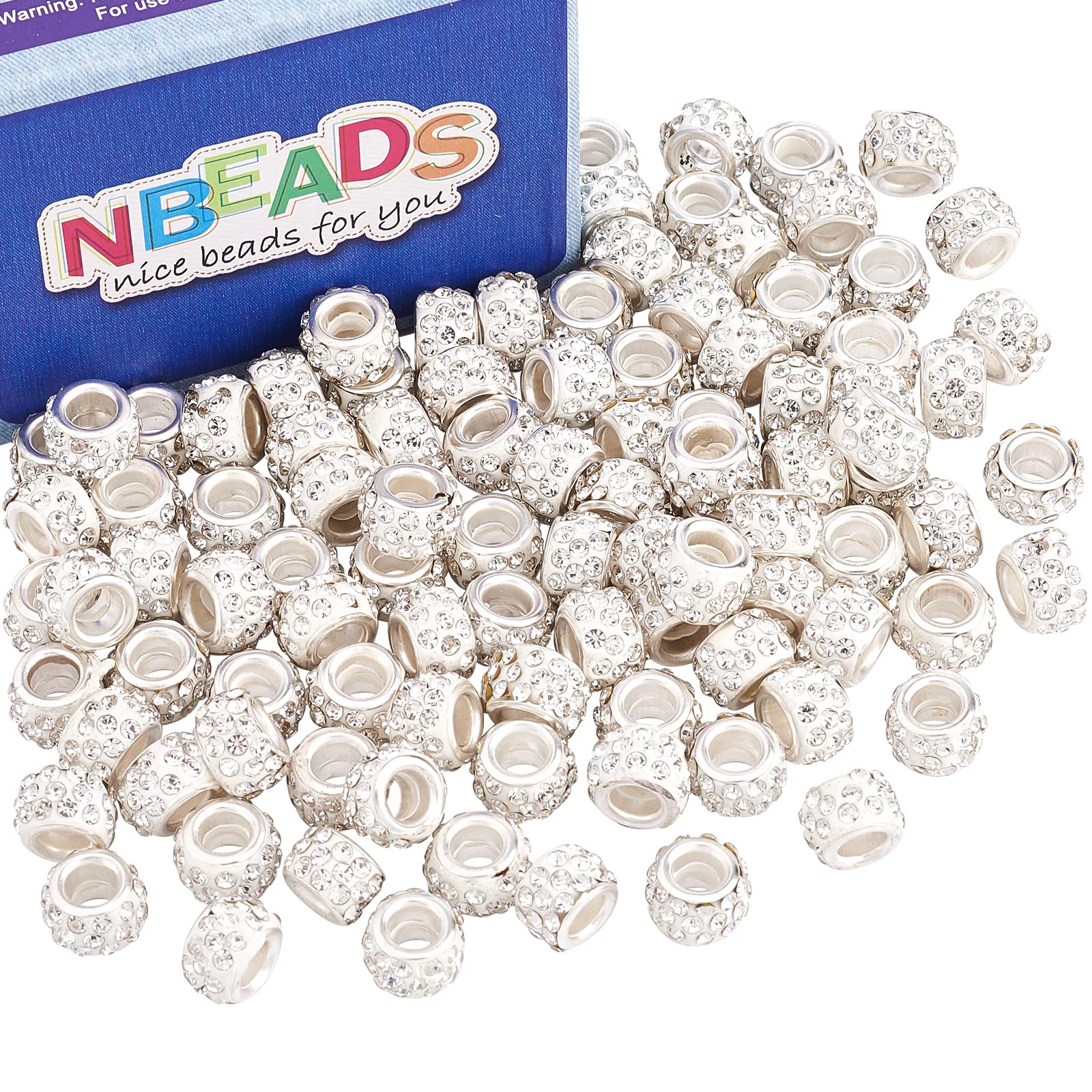 NBEADS 100 Pcs Clear Crystal Rhinestone Large Hole European Beads Pave Clay Rondelle Spacer Beads for European Snake Chain Charm Bracelet