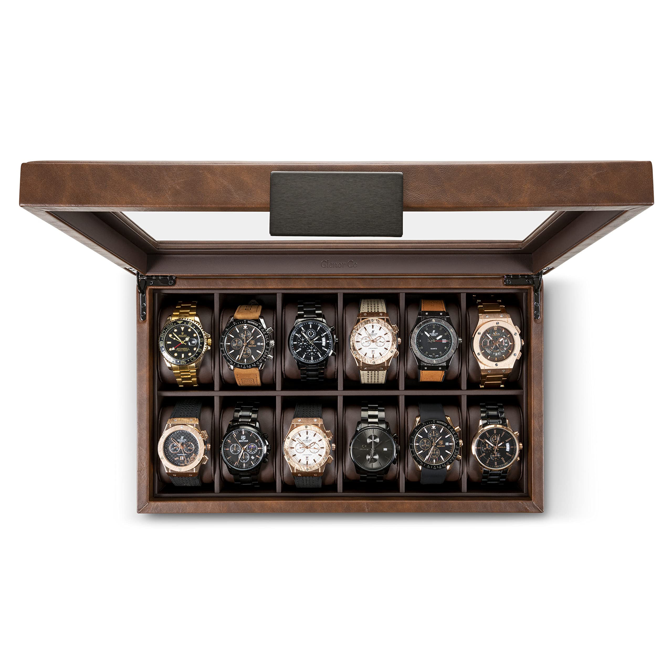 Glenor Co Watch Box for Men - 12 Slot Luxurious & Masculine Watch Case, Sturdy Hinges, Large Watch Holder, Glass Top Watch Organizer for Men - Metal Accents - PU Leather Brown