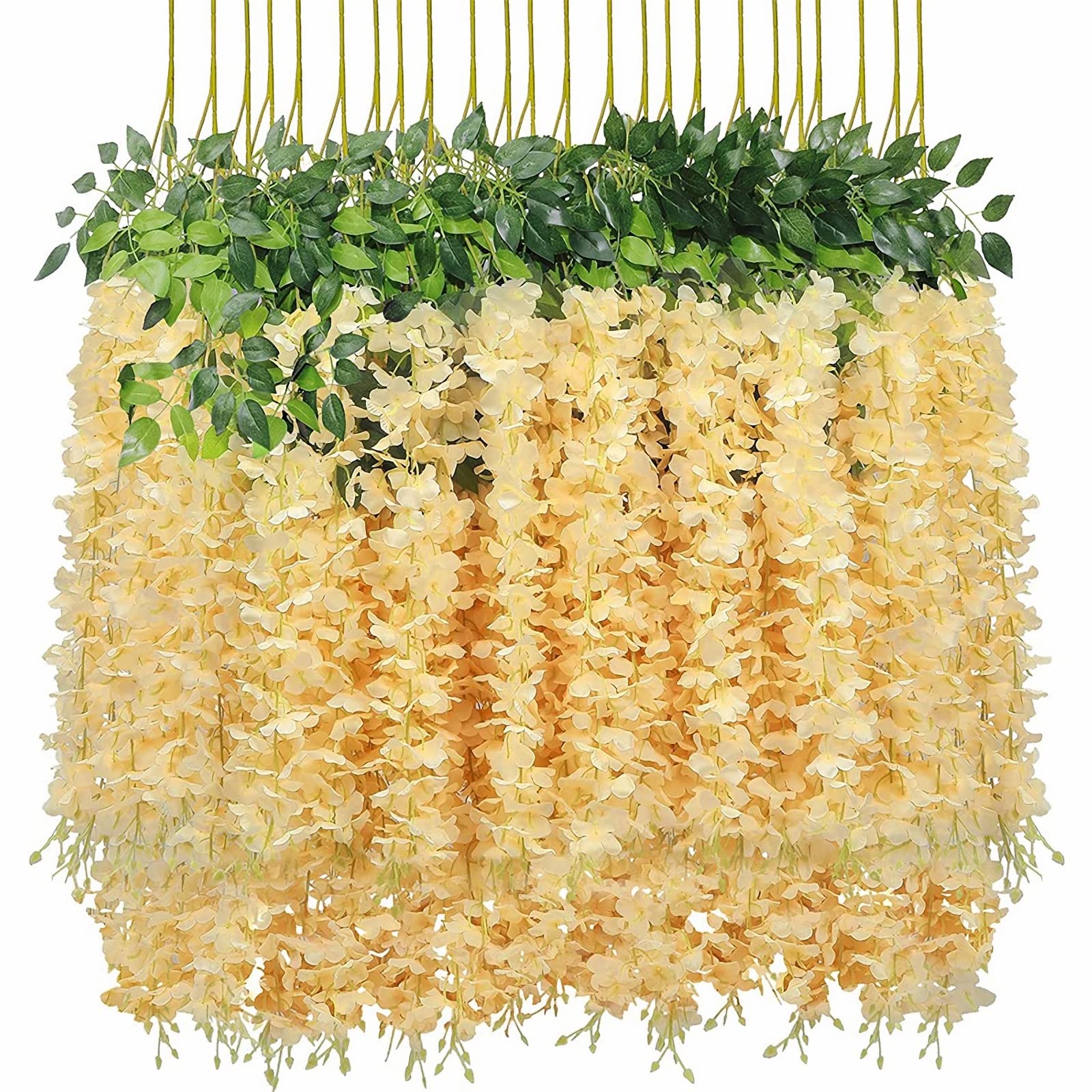 Aoleytech 12 Pcs Artificial Wisteria Flowers Fake Hanging Basket Flower Vine Silk Flower Wall Garland for Wedding Home Garden Party Indoor Outdoor Decor(champagne)