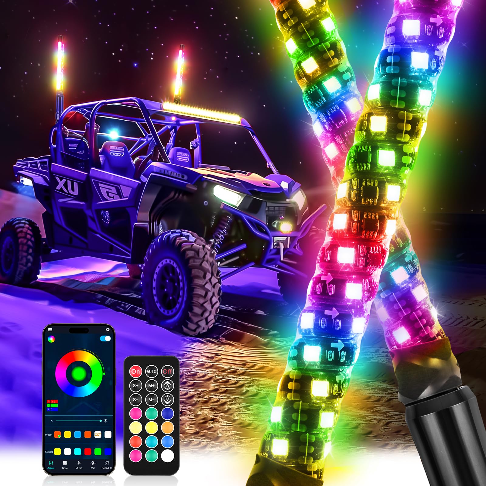 Photo 1 of (PARTIAL SET) DREAMOTOR Whip Lights, 2Pcs 1FT RGB LED Whip Lights for Side by Side with Wireless Remote and APP Control, RGB Chasing Lighted Antenna Whips for UTV ATV Truck Polaris Dune Buggy RZR Can-Am