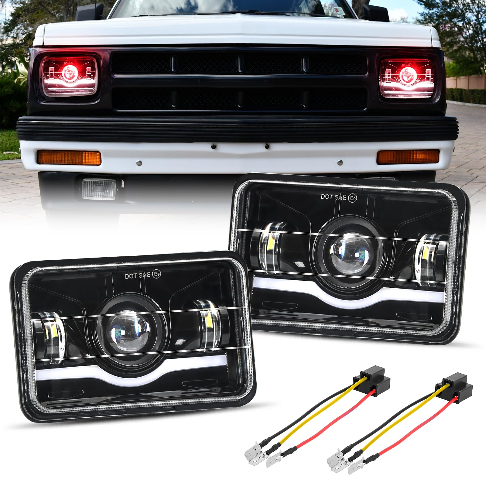 Photo 1 of BESTZHEYU 2PCS 4x6 LED Headlights Compatible with 1995-1997 Chevrolet S10 Blazer Peterbilt Kenworth Oldsmobile Cutlass Trucks with Hi/Lo Beam DRL and Red Evil Eye Rectangular DOT Headlights