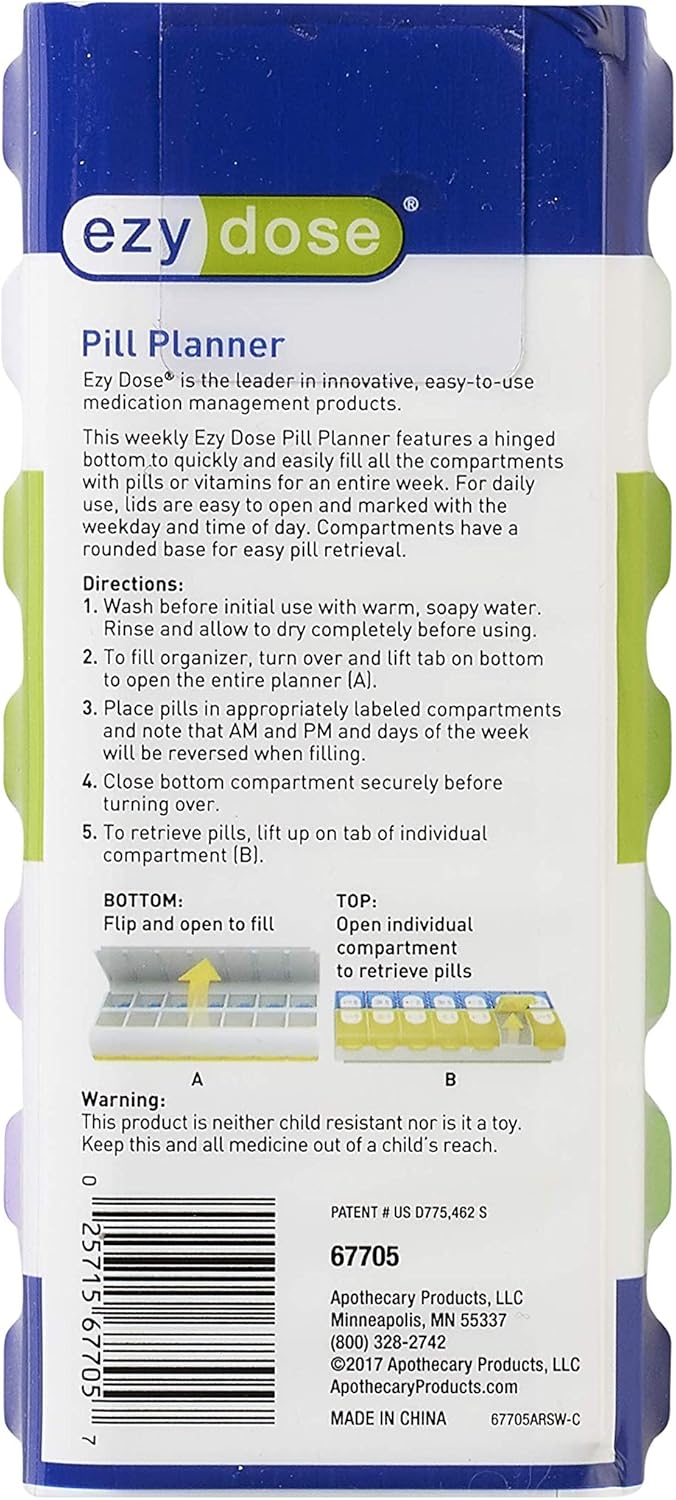 Ezy Dose Easy Fill (7-Day) Pill, Medicine, Vitamin Organizer Box | Weekly, 2 Times a Day, AM PM | Large Compartments | Colored Lids: Health & Personal Care