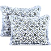 Ridhi Light Steel Blue 100% Cotton Block Print Ruffle Bed Sham Cover 20''×26'' Boho Floral Pillowcase, Bedroom Decor, Cottagecore, Soft Decorative Cushion Cover Gift for Spring, Easter, Valentine