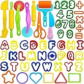 Dough Tools 55 PCS Dough Play Tools Set for Kids, Plastic Alphabet Numbers Shapes Cutters, Rollers, Scissors