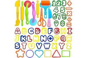 ISHYAN Dough Tools 55 PCS Dough Play Tools Set for Kids, Plastic Alphabet Numbers Shapes Cutters, Rollers, Scissors