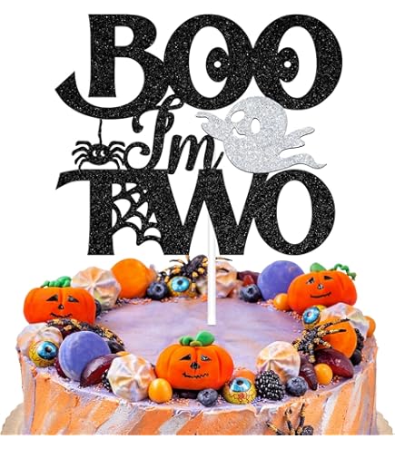 Boo I'm Two Cake Topper Pink Black Glitter Halloween 2nd Birthday Party Cake Decorations Ghost Cupcake Topper For Halloween Girl's 2 Years Old Birthday