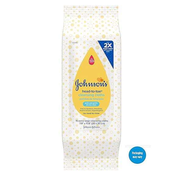 JOHNSON’S HEAD-TO-TOE GENTLE BABY CLEANSING CLOTHS, HYPOALLERGENIC AND PRE-MOISTENED BABY BATH WIPES, FREE OF PARABENS, PHTHALATES, ALCOHOL, DYES AND SOAP, 15 CT