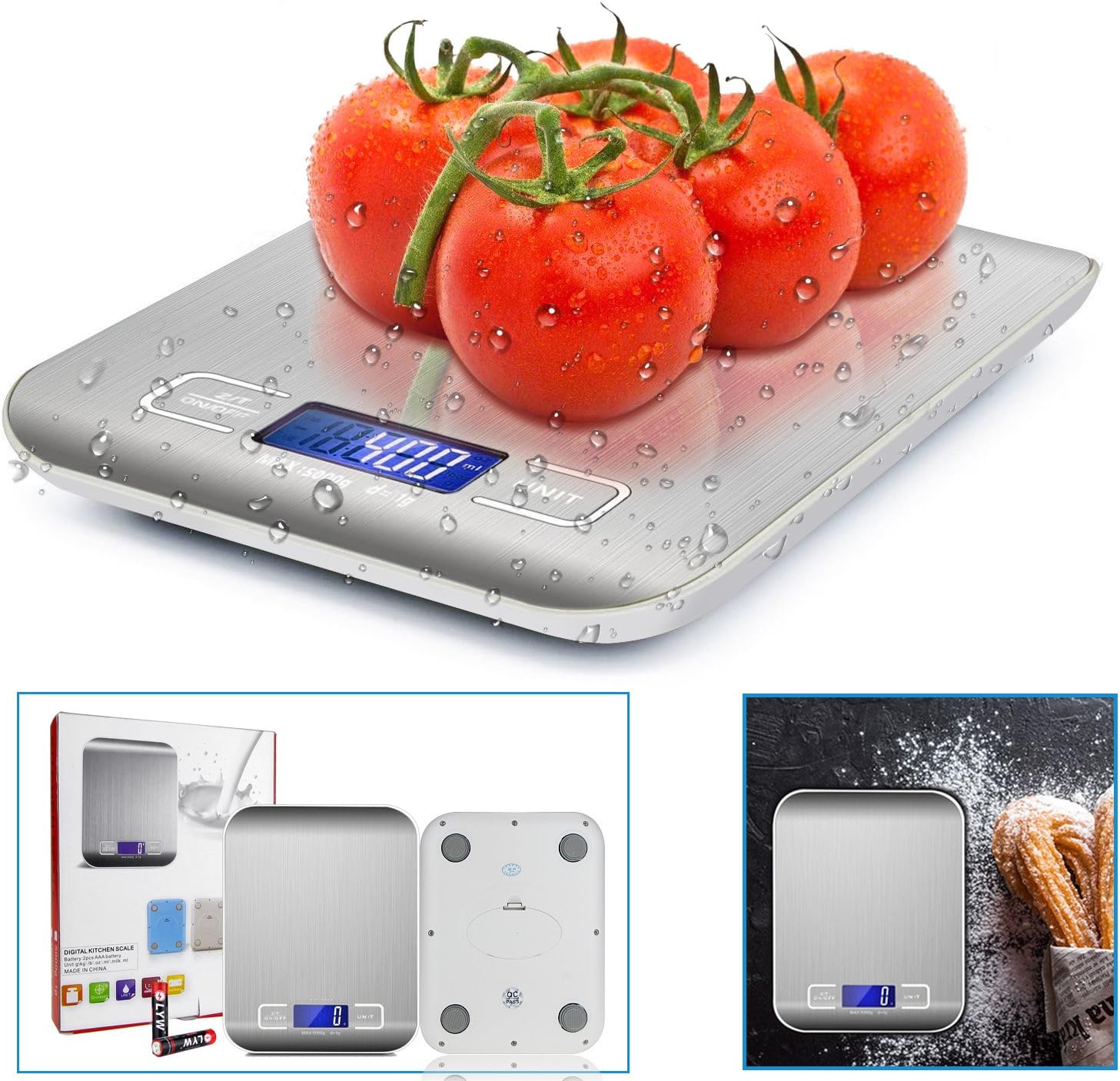 DAMIGRAM Digital Food Scale, Kitchen Weighing Scales with LCD Display, Electronic Stainless Steel Multifunction Cooking Scale, 11lb 5kg, Tare Function, Auto-Off, 2 Batteries (Included) - Silver