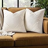 Mecatny Boho Outdoor Throw Pillow Covers 18X18 Set of 2, Farmhouse Decorative Pillow Covers for Couch Sofa Living Room, Beige & Cream White