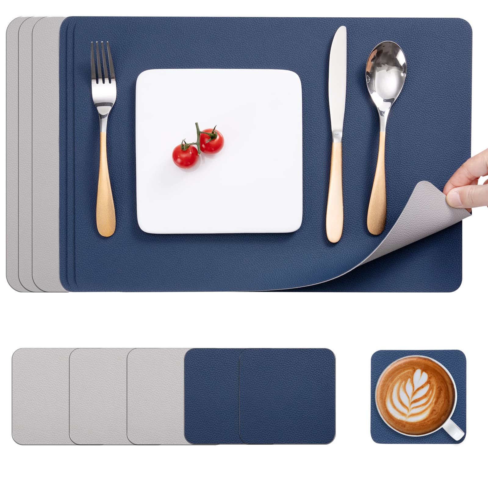 Myir JUN Leather Table Mats and Coasters, Dual-Sided Leather Placemats and Coasters Waterproof Placemats Set of 6 Place Mats Non-Slip Washable Table Mats (Blue Gray, Set of 6)