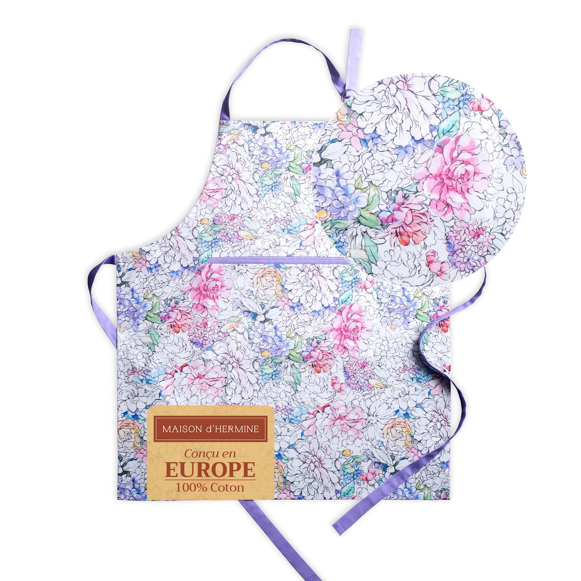 Maison d' Hermine 100% Cotton Apron for women with Pocket Kitchen Chef Spring/Summer Apron for Men Cooking Gardening Server Waitress Maid - (Floral Love, 85 cm x 70 cm)