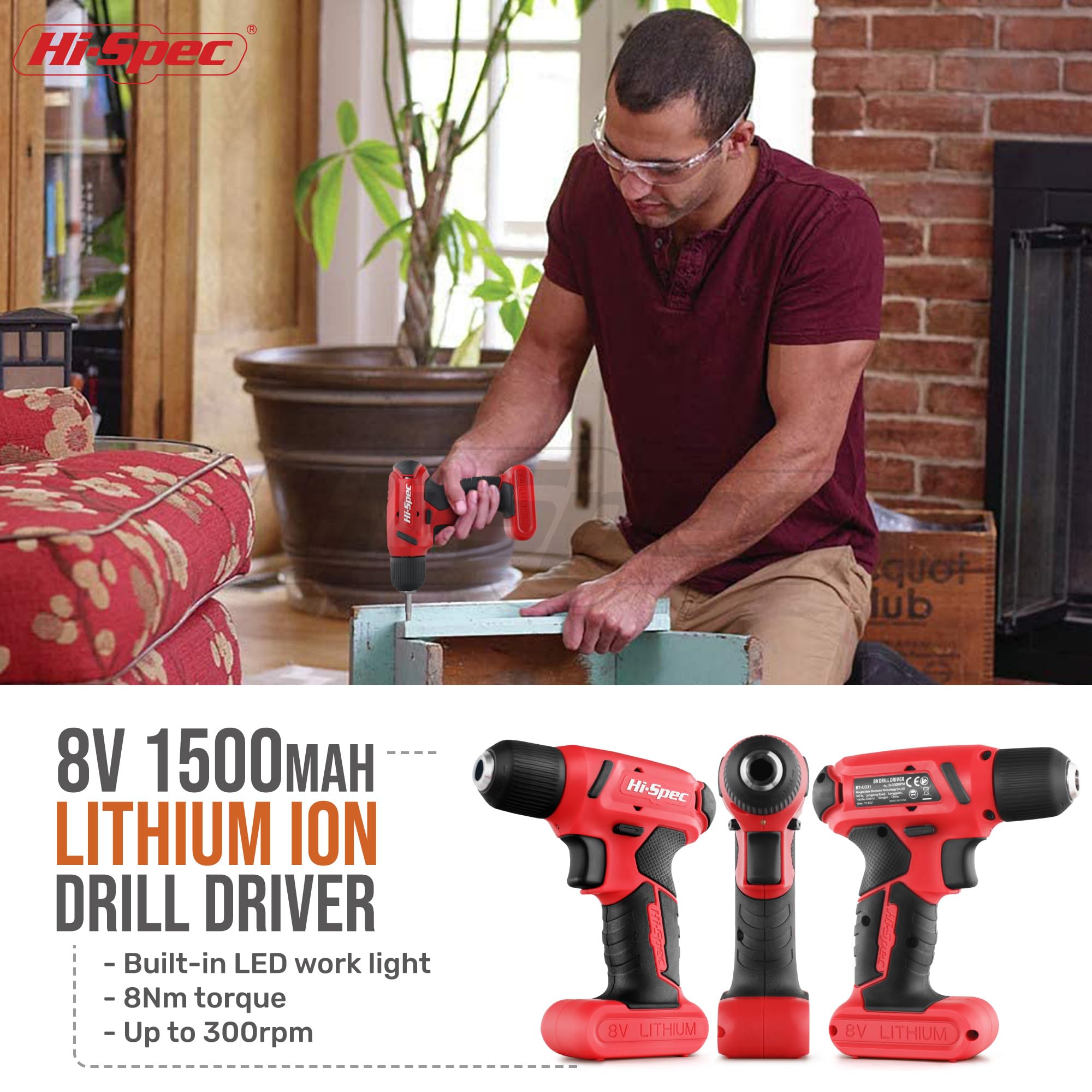 Hi-Spec 58 tlg. Werkzeugset in Rot mit 8V USB Bohrmaschine mit Akku. Werkzeugkoffer gefüllt für Haushalt DIY Reparatur und Wartungsarbeiten 3