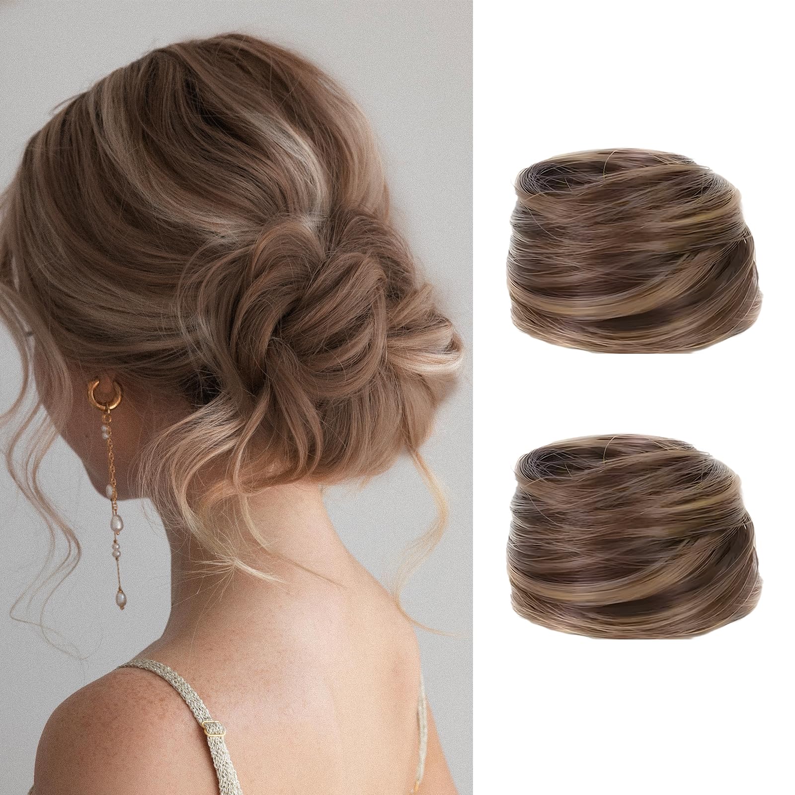 Photo 1 of 2 Pcs Real Hair Bun Wig,Messy Fake Hair Buns Hair Piece,Suitable for Ladies and Girls,Fashionable and Natural(Golden)