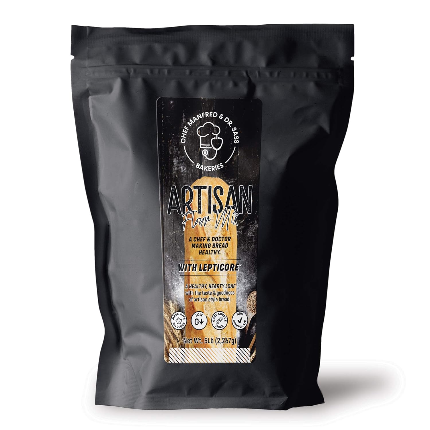 Chef Manfred & Dr. Sass Bakeries Unbleached Flour - Wheat Flour Mix with Lepticore Carb Inhibitor – Make Artisan Bread with Natural Allulose – Good Source of Fiber – 5LB Resealable Bag