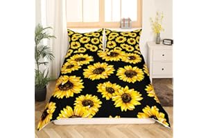 EROSEBRIDAL 3D floral Comforter Cover King Size for Kids Women Yellow Flowers Bedding Set Sunflower Pattern Decor Duvet Cover Botanical Floral Print on Black Quilt Cover Garden Bloom Bedding with pillowcase