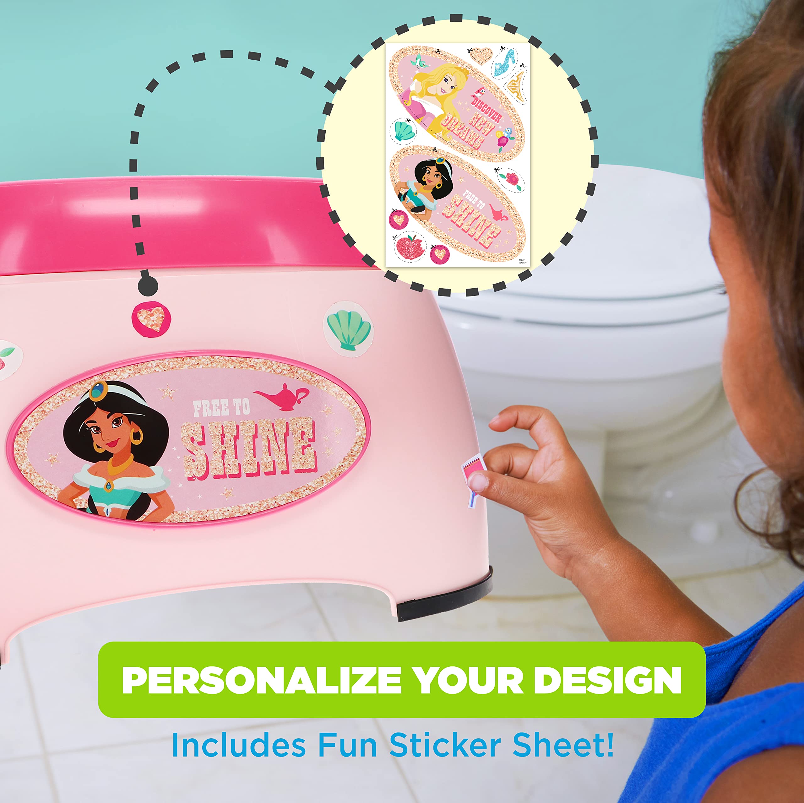 Disney Princess 3-in-1 Potty Training System for Toilet Training Kids, Multi-Stage Potty Training - Floor Potty, Detachable Potty Ring, Step Stool | Toilet Seat for Kids and Toddlers