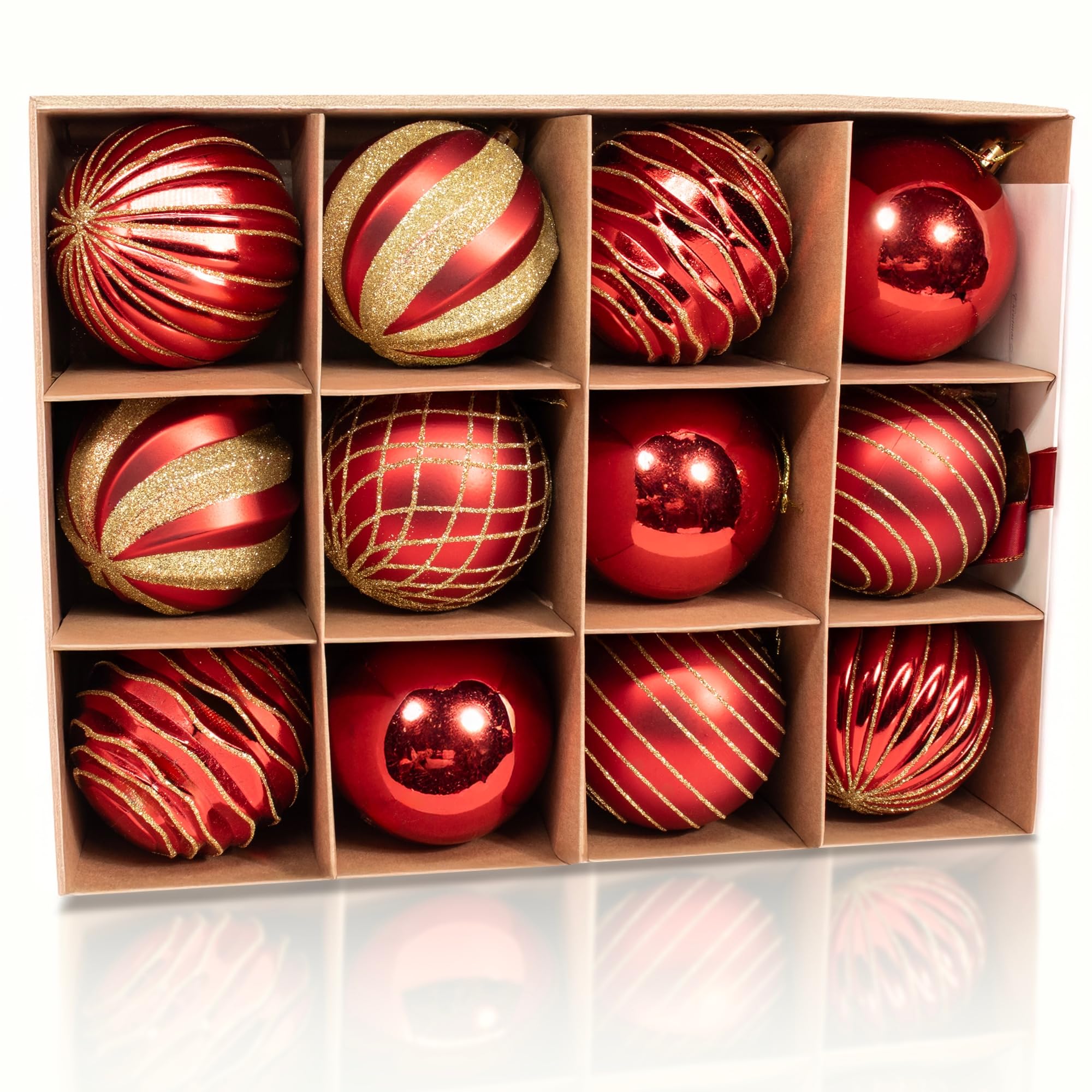 Photo 1 of 12PCS Red Gold Christmas Ball Ornaments, 3.15" Large Shatterproof Plastic Hand-Painted Glitter Xmas Tree Decorations (Red & Gold)