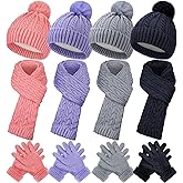 Shihanee 12/18 Pcs Kids Hat Scarf Gloves Winter Set Thick Thermal Beanie Hat with Pom Mittens Gift for Girls Boys Aged 5-10