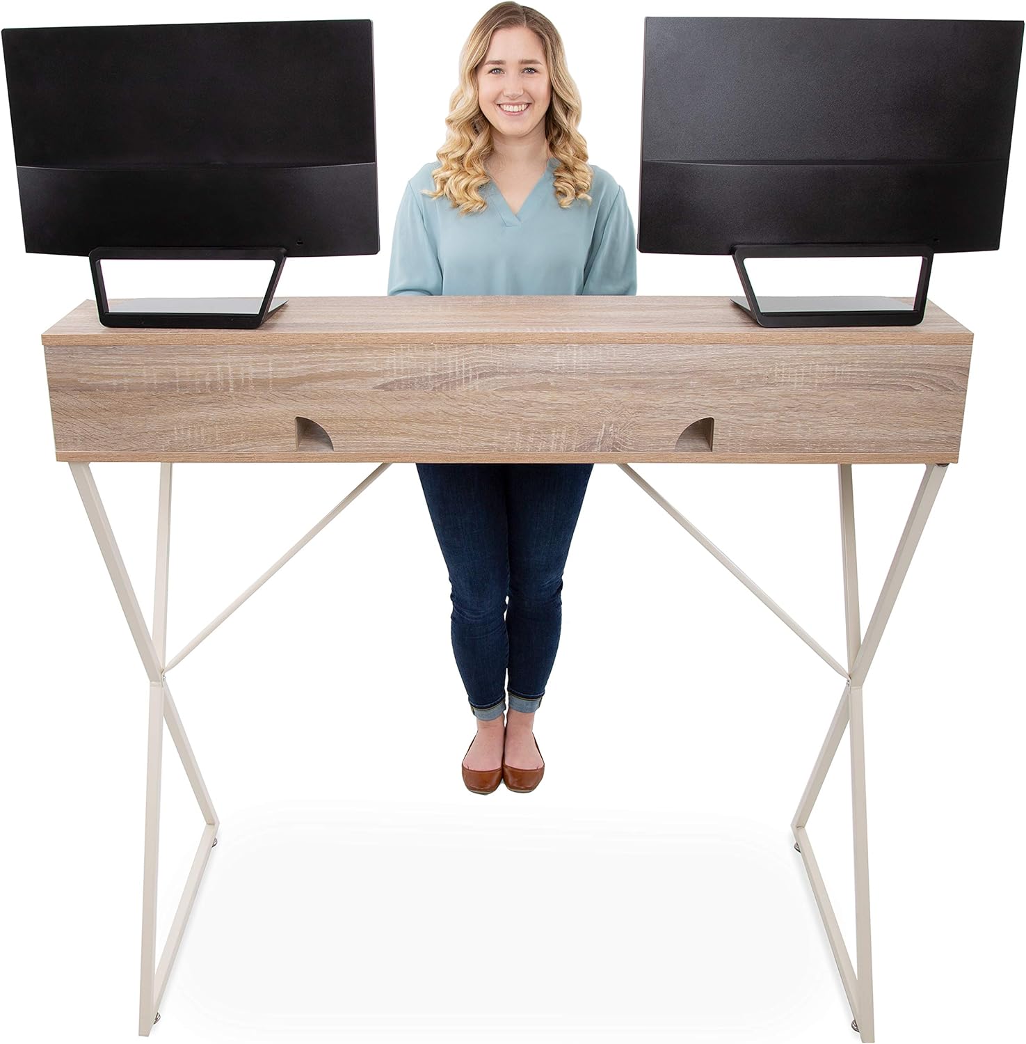 Stand Steady Joy Desk | Modern Stand Up Workstation with Storage Cubbies | Pretty Standing Desk with Large Desktop | Multifunctional Table for Home & Office (Maple / 48 x 42): Office Products