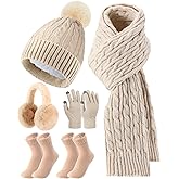 Geyoga 6 Pcs Winter Warm Set for Women Warm Beanies Hats Touchscreen Gloves Long Scarf Ear Muffs Socks Winter Gifts for Women