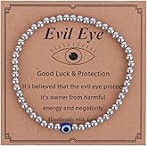 Evil Eye Bracelet for Women, Dainty Beaded Good Luck Bracelet with Silver Evil Eye Stack Charm for Spiritual Protection Birthday Christmas Graduation Gift Jewelry