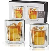 Viski Double Walled Rocks Glasses - Insulated Whiskey Tumblers with Cut Crystal Design - Dishwasher Safe 10.5oz Set of 2