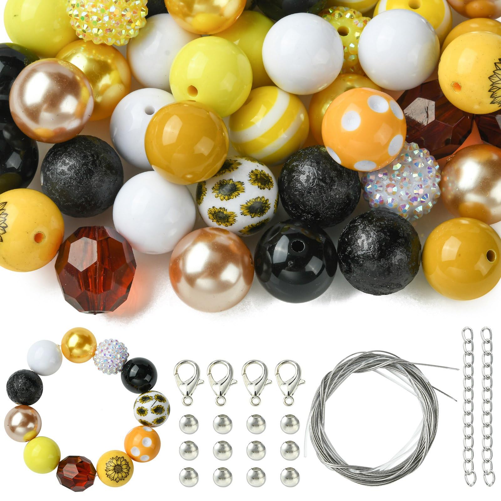 Stiesy 50Pcs Sunflower Theme Round Ball Beads 20mm Bubblegum Beads Acrylic Yellow Spacer Beads with Wire Clasps Set for Jewellry Making DIY Bracelet Crafts