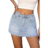 ELLEVEN Denim Skirt with Shorts Mini Skort - Casual Jean Skirts with Raw Hem & Pockets