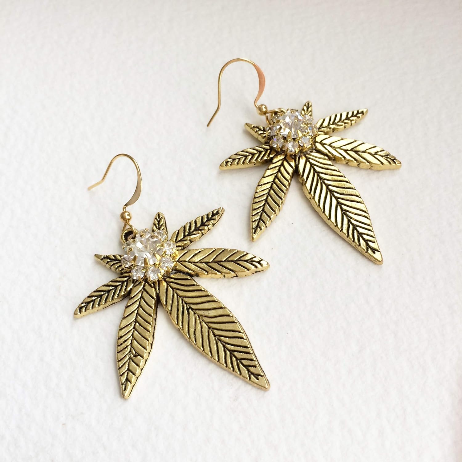 Gold Rhinestone Marijuana earrings, weed earrings, stoner gift, women, girly, classy
